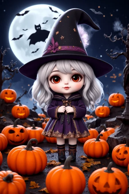 (pretty beautiful cute chibi little witch), color magician clothes, gloves, two legs, (Halloween pumpkins, jack-o-lantern)  halloween night, horror, (bats), moon in the sky, portrait, (standing:1.2),  happy smiling, red eyes,(very detailed), best quality,  sharp focus, old magic books,  halloween_atmosphere, halloween_backgrounds, halloween_creatures, halloween_props_decorations, halloween_styles, halloween_weather, halloween_lighting, ethereal lights, backlight, shadows, high contrast, hdr, <lora:Anti-Blur:0.8> <lora:Hand v2:0.8> Detailed hand, Hand, Perfect hand <lora:PinkieChibiHalloweenFLUX:0.8> pinkchibihalloween <lora:aidmaImageUpgrader:0.8> aidmaimageupgrader