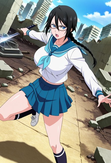 general,highres, ultra-detailed,very aesthetic,best quality ,best hands,best eyes,easynegative,
dynamic anglre, dutch angle, anime cloring,anime screencap,
1girl solo,looking at viewer,ruins,holding katana,open mouth, fighting, 
Risa Yadoumaru,black_hair, single braid,blue_eyes, huge_breasts, glasses,school uniform, navel,