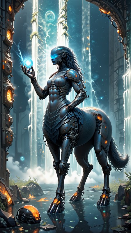 score_9, score_8_up, score_7_up, score_6_up,  <lora:CentaurPDXL:1> centaur, wolf centaur,  Nebula Blue glossy plastic skin, cyborg woman, blue robot face, bald, robotic cyborg eye, looking menacing, Illusion Mage, (grinning:0.3), in location: fire waterfall, full body, One Hand in Pocket