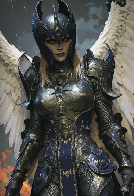 ArsMJStyle, dnddarkestfantasy, dameAylin, armor, helmet, large white feathered wings