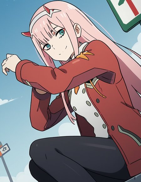 score_9, score_8_up, score_7_up, source_anime, <lora:zero-two-s1-ponyxl-lora-nochekaiser:1>, zero two, zero two \(darling in the franxx\), green eyes, hairband, horns, long hair, pink hair, red horns, white hairband,, jacket, leggings, red jacket, white footwear,, bus stop, waiting, commuter, smartphone, checking time, cold morning, smile, , arm out, knee up, hand open, solo,, cowboy shot, dutch angle