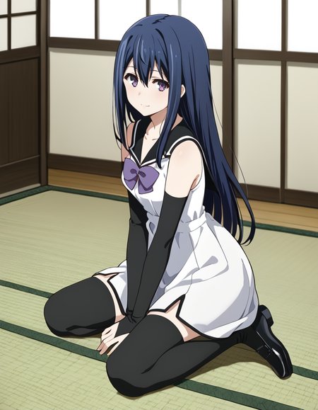 score_9, score_8_up, score_7_up, source_anime, BREAK
1girl, solo, looking at viewer, gradient background, from side, indoors, light smile, tatami, 
neko kuroha, blue hair, long hair, hair between eyes, sidelocks, purple eyes, seiza, wariza, 
school uniform, collarbone, white dress, black collared dress, purple bow, bare shoulders, black arm sleeves, black thighhighs, black footwear,
<lora:neko_kuroha_anime-soralz:1>