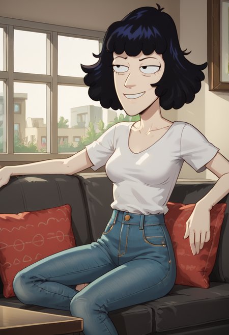 score_9, score_8_up, score_8,  sitting on couch, living room, window,  <lora:Ms._Frankie_Solar_Opposites_for_PonyXl:0.8> 1girl, msf4nk1e, black hair, solo, smile,  blouse, jeans,