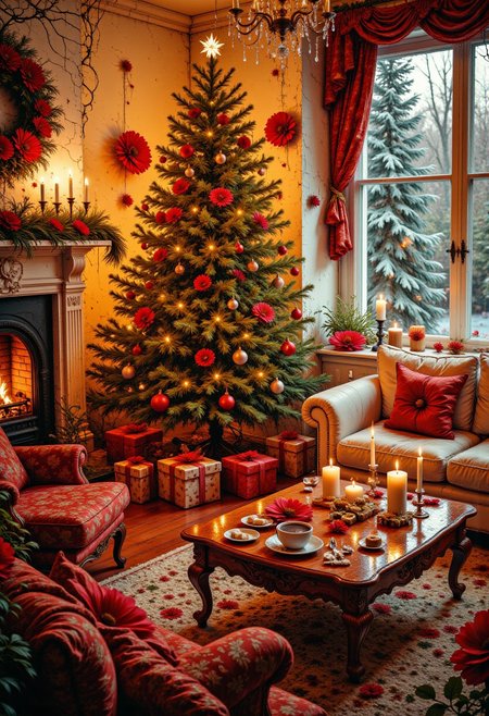 Envision a sultry Christmas living room that exudes warmth and allure, where holiday magic intertwines with a hint of romance. A stunningly decorated Christmas tree stands tall in the corner, twinkling with soft, golden lights and deep red ornaments that evoke a sense of intimacy. Underneath, artfully wrapped presents in glossy, seductive paper peek out, adding a playful touch. The fireplace crackles invitingly, casting a warm glow that flickers over plush furnishings draped with luxurious, velvet throws in rich jewel tones.
The atmosphere is further enhanced by the scent of pine and cinnamon wafting through the air, creating an intoxicating blend of holiday charm. A sumptuous sofa beckons, adorned with silky cushions, as couples share laughter and cozy moments over mugs of spiced hot chocolate with marshmallow fluff on top. Soft jazz or holiday melodies play in the background, setting the mood for intimacy.
Through large, frosted windows, gently falling snowflakes create a serene backdrop, while the soft glow of fairy lights twinkles, wrapping the room in an enchanting embrace. Add finishing touches like elegant candles flickering on a beautifully set coffee table, and mistletoe hung playfully above, inviting spontaneous kisses. This captivating scene captures the essence of a romantic holiday evening, where warmth, glamour, and holiday spirit blend seamlessly into an unforgettable celebration of love and togetherness.