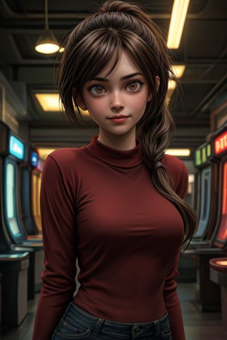 Elliot 2, green eyes, brown hair, low ponytail, 
Red shirt, dirty clothes, long sleeves, 
Upper body, standing, smiling, 
arcade room, neon lamps, night,
looking at the viewer,
(insanely detailed, beautiful detailed face,beautiful detailed eyes, masterpiece, Best quality), One,