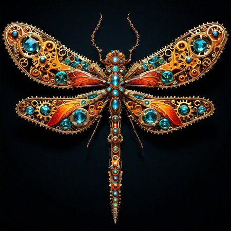 sfw,  dynamic splashes, bright colors, high contrast,  a cybernetic dragonfly made of roast gears bejeweled , hyperdetailed, photorealistic,<lora:challenge\gearstyle-000001.safetensors:0.8500000000000002:0.8500000000000002>
