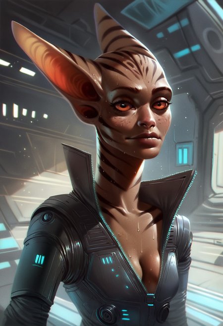 score_9, score_8_up, score_7_up, score_6_up, score_5_up, score_4_up, solo,  cute  alien girl engineer, long ears, (big evil eyes) , stripes, cute ,pupilless , close up, half closed eyes, wearing futuristic jumpsuit, dirty skin,  skinny, engine room of a spaceship, detailed background, medium chest, indoor,(from behind), presenting her back, looking at viewer, sweating, holographic terminals, cleavage
<lora:ToraFurry_XL_PonyV6_p1-t1:0.5>