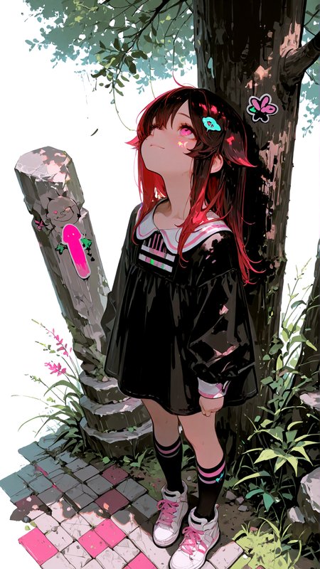 masterpiece, newest,absurdres,incredibly absurdres, best quality, amazing quality, very aesthetic, simple white background, 
1girl, tree shade, stone path, (monolith \(object\):1.3),black hair, light smile, adventure dress, grass, standing, short dress, white dress, pink stripes, vertical stripes, red hair, long hair, hair ornament, flaps, sticker on monolith, kneehighs, white sneakers, looking up,
 <lora:USNR_STYLE_ILL_V1_lokr3:1> usnr   <lora:bWluaW1hX2Fp-illustriousXL_v01_V4-CAME:1> bWlua, <lora:CleanMinimalistWAN:1>