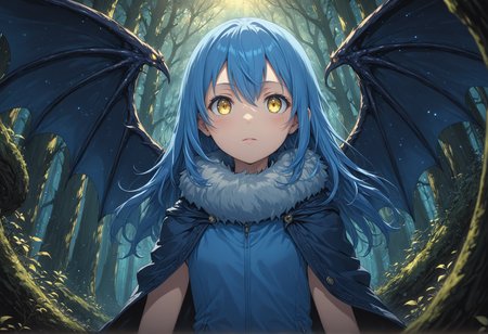 tsepmet_urumir_xl, rimuru tempest, wings, long hair, blue hair, solo, hair between eyes, fur trim, fur collar, fur trimmed jacket, looking at viewer, demon wings,
In a mysterious enchanted forest, depth of field, dutch angle, from below,
intricate detail, cinematic lighting, amazing quality, amazing shading, detailed Illustration, official artwork, wallpaper, official art, thigh gap,
(masterpiece, best quality:1.2), extremely detailed eyes and face, beautiful detailed eyes, yellow eyes,
<lora:Rimuru_Tempest_Character_XL:1>
<lora:IOS_Iridescent_opal_style:0.6>