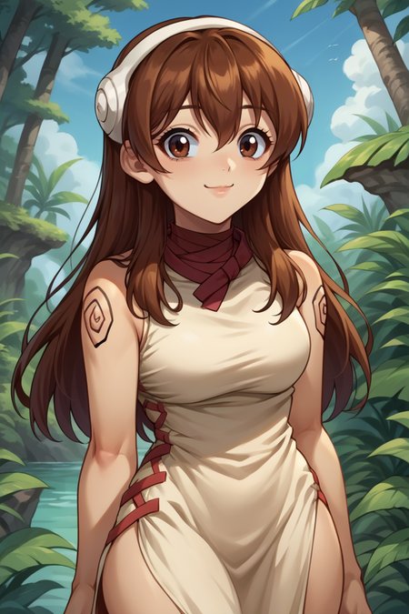 score_9, score_8_up, score_7_up, score_6_up, source_anime, BREAK 1girl, solo,  <lora:dsyuzu-pdxl-nvwls-v1-000005:1> dsyuzu, brown hair, brown eyes, headphones, long hair, red choker, beige dress, sleeveless, tattoo, looking at you, happy, looking at you, side slit, jungle, blue sky, upper body, thighs, smile, closed mouth