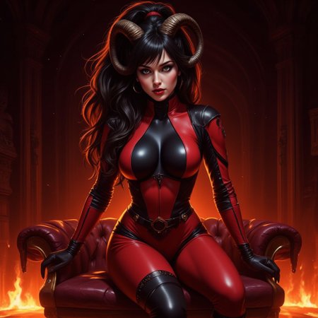 sci-fi magazine cover art style , Highly detailed SATAN'S LITTLE HELPER boujee goth lilith with long wavy black and red hair, hyper detailed coherent curved ram like horns on sides of head , hyperdetailed  red and black leather jumpsuit, black leather gloves, black boots, dark fiery background, drawing in Charles M. Schultz style