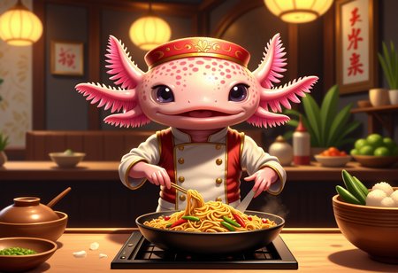 broken age of, axolotl chef, in a Thai restaurant, stir-frying vegetables and noodles, wearing a traditional Thai outfit, aromatic and spicy flavors, the axolotl has pink frilly gills and pink skin