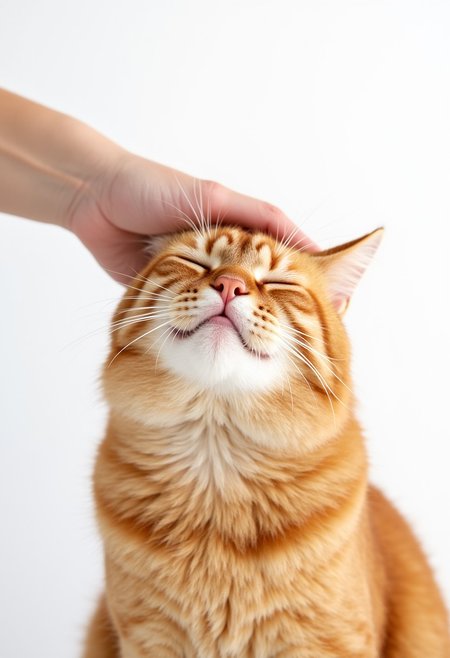 A contented orange cat with (eyes closed in bliss), being gently petted on the head by a (human hand). The cat's (expression is serene and joyful), [conveying a sense of pure comfort and satisfaction]. The background is [plain white], highlighting the (tender interaction) between the human and the pet. The composition captures a moment of (affection and connection), focusing on the (simple yet profound bond) shared between them.