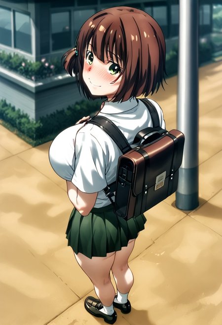 score_9_up, score_8_up, score_7_up, best quality, masterpiece, source_anime, ichinosetouko, 1girl, solo breasts, huge breasts, thick thighs, perfect face, backpack,(deepskin:1.2) school, shirt, looking at viewer, ribbon, side ponytail, smile, blush, white shirt, green skirt, school, outdoors, shy, feet on frame,legs focus, tiptoes, legs together,  (view from above:1.3), highest view angle, tassel loafers, black shoes, slim legs, slim body, standing, view from behind, back focus