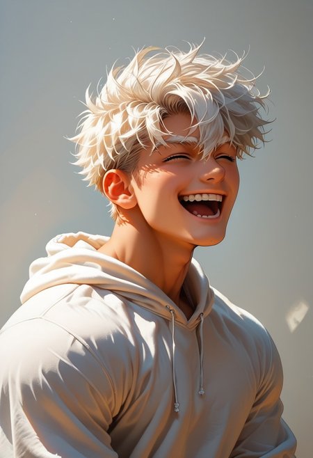 score_9, score_8_up, score_7_up, source_anime, 1boy, male focus, upper body,, side view, laughing, happy laughing, true laughing, detail background, white hair, gray eyes, skinny muscular, ((black skin)), ((dark skin)), white eyebrows, beefy bodybuilder, Wearing a hoodie, white hoodie, pajamas, cute, adorable.
twink, bodybuilder. sexy face, blushed, cute face. defined body, toned body. massive muscles, 
cute expression, groping self, hyper detailed, analog photo, Cinematic, beach background