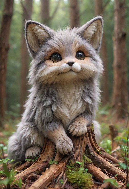 (full body:1.3), 
Photo of National Geographic, 
1 cute fluffy for hybrid of fox and fennec, 
it is the most beautiful and wonderful thing, it behaves in a special way, subtly with a pose of great fierceness, adorable, cat ears, cat tail, fine and stylized body, eyes for lion, 
eyes should be large and expressive, a moment of curiosity or playfulness., 
Capturing the essence of mischief, 
perched stump, with wood chips, 
showing love to the viewer, 
surreal landscape, imagination swirling, dreamworld, 
art by Agnes Cecile:0.8;, 
by Phil Koch:0.4, 
by greg rutkowski:0.6, 
trending on artstation, 
Pixar render, 
(realistic:1), details down to every fluff, 
(masterpiece:1.2), (best quality:1.2), sharp focus, (8k), beautiful, high quality, (hightres:1.1), detailed, extremely detailed, intricate, hyper detailed, illustration, soft lighting, high resolution, sharp detail, perfect lighting, 
very dark focused flash photo, amazing quality, masterpiece, best quality, hyper detailed, ultra detailed, UHD, perfect anatomy, dof, hyper-realism, majestic, awesome, inspiring, 
<lora:zhibi:0.8>, 
<lora:OMG-Is-DucHaiten_v1.0:0.8>, 
<lora:Cute_3D_Cartoon:0.4>, 
<lora:Colorful_Fuzzy_Style:0.6>