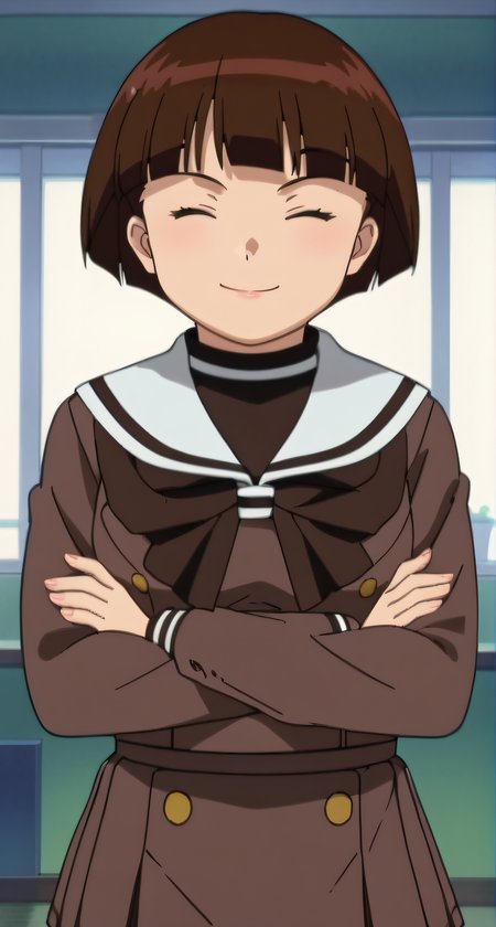 score_9, score_8_up, score_7_up, source_anime, rating_safe, intricate details, anime screencap, official style, anime coloring, 1girl, solo, <lora:Kaneko_Masako:1>, masako, short hair, serafuku, brown school uniform, pleated skirt, brown skirt, looking at viewer, closed eyes, closed mouth, smile, crossed arms, five fingers