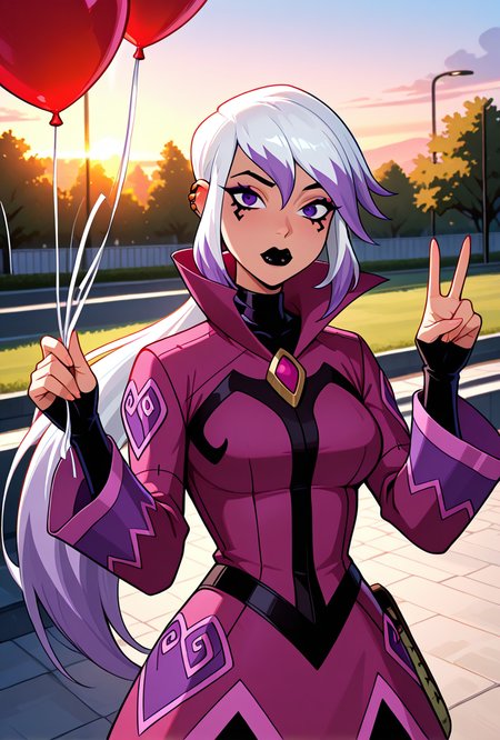 <lora:charmov:1> charmov, long hair, ponytail, , white hair,, 1girl, multicolored hair, purple eyes, ear piercing, two-tone hair, makeup, solo, long sleeves, black lips, purple jacket, long jacket, popped collar, facial expression, dynamic pose, in public park, peace sign with hands, holding balloon, golden hour, sunset,, masterpiece, best quality, amazing quality, very aesthetic, absurdres, newest,