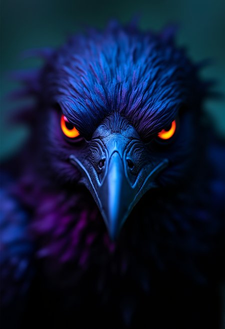 A close-up of a witch’s raven, its feathers reflecting iridescent purple and black, with glowing eyes locked onto the viewer, captured in a dark and mysterious moment, shot on Mamiya 7 II with a Mamiya Sekor C 80mm f/1.9 lens, neon blue and violet hues, ultra fine detail, cinematic, ominous.
