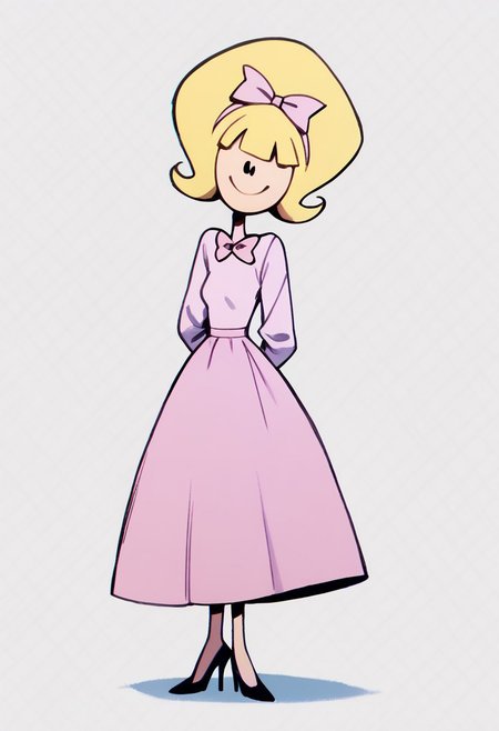 score_9, score_8_up, score_7_up BREAK debTO, 1girl, blonde hair, black eyes, pink bow, longsleeved light pink shirt, pink skirt, high-heeled shoes, full body, smiling at viewer,