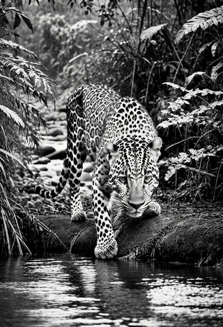 a (black and white:1.5) photo of a leopard, in the jungle, drinking at the at the edge of a river, at dusk, dense jungle forest, dramatic lights, shallow depth of field, blurred background, extreme details, intricate details, 8k, 35mm photo, photorealism, realistic photo, national geographic style, masterpiece, film photography style