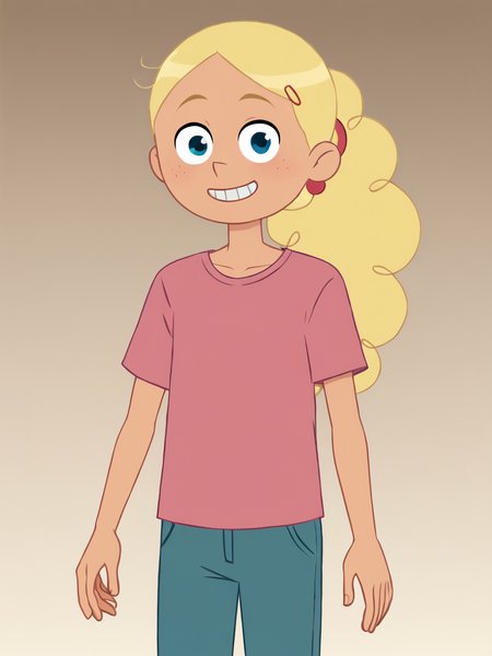 score_9, score_8_up, score_7_up,  score_6_up, BREAK, P13rr3tt3, 1girl, solo, long hair, blue eyes, blonde hair, ponytail, pink shirt, child, pants, standing, simple background, smile, face viewer, looking at viewer  <lora:Pierrette-000009:0.9>