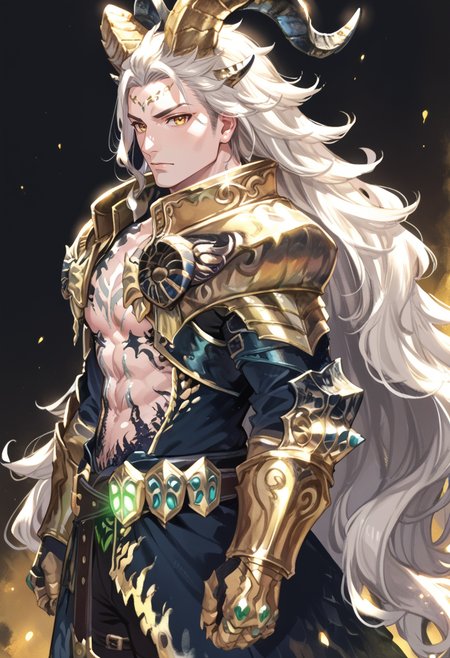 (score_9:0.9),score_8_up,score_7_up,rating_safe,anime style,(zPDXL),<lora:EX Kulve Taroth Alpha male ponyXL v1:0.73>,ex kulve taroth alpha armor,1boy,solo,gold horns,dark-skinned male,gold gauntlets,grey hair,looking at viewer,very long hair,gold pauldrons,male focus,large pectorals,muscular male,upper body,from behind,looking back,