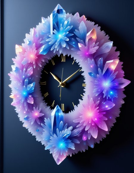 a bioluminescent wall clock made out of colourful auraquartz crystals, hanging on a wall ,    ,  <lora:Flux_Auraquartz:1>,<lora:BioIceCrystalsFlux:0.7>