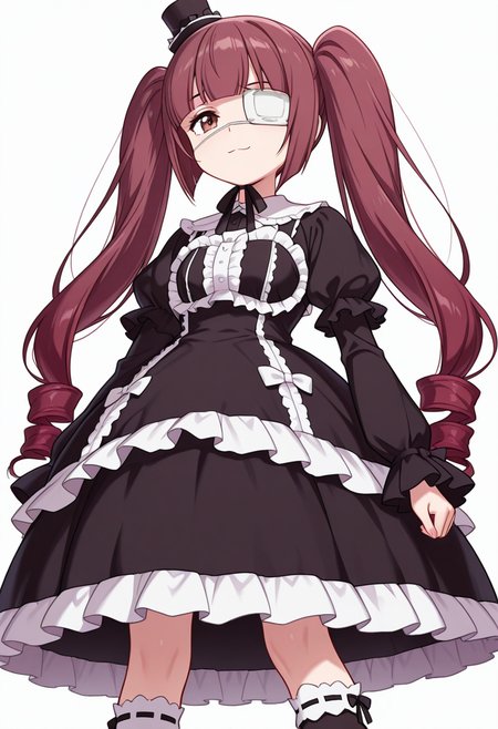Smooth Quality,masterpiece,very intricate, high quality details, ultra realistic, high detailed skin,detailed enviorement,absurdres,
akanbe,
 <lora:Hanazono_Yurine_CNR:0.8> yurine_cnr, brown hair,very long hair, brown eyes, medical eyepatch, frown, twintails, drill hair, 
yurine_def_cnr, 1girl, gothic fashion, black dress, frilled dress, long sleeves, mini top hat, black socks, kneehighs, shoes, mary janes, ribbon-trimmed legwear,, simple background, white background, from below,solo,, sad smile,