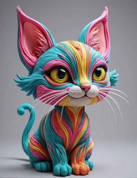 <lora:flux-licoricestyle.safetensors:1> made out of  Licorice, A fantastical creature with striped, animal-like features, blending the familiar with the exotic.
A vibrant digital cat with intricately textured, watercolor-inspired fur in turquoise, pink, orange, yellow, and aqua hues. The cat's sharp yellow eyes are framed by detailed whiskers against a muted gray background, exuding a whimsical, dreamlike quality.