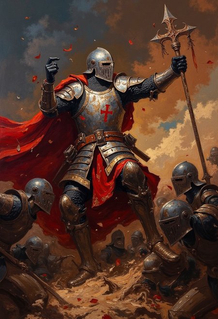 oil painting of a crusading knight swinging a morningstar amidst a battle. Dark colors. Text "Deus Vult",DB4RZ, DB4RZ style painting