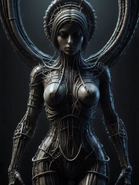 statue of a woman made of mad-rnfcnct , in the style of hr giger  <lora:Derilict_Concret_SDXL:1.0> <lora:Neon_Cyberpunk_SDXL:0.8>  cablelink <lora:great_lighting:0.5> great lighting <lora:aesthetic:1> aesthetic, (masterpiece:1.2), best quality, (hyperdetailed, highest detailed:1.2), high resolution textures