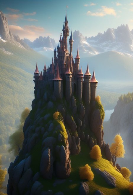 8K,  fairy tale castle on a (rock spire), mountain on background