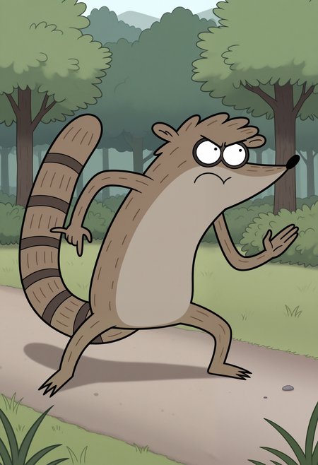 masterpiece,best quality,amazing quality, 1boy, solo, r1gby, raccoon boy, brown fur, black eyes, raccoon tail, full body, outdoors, shortstacked, attack stance,
