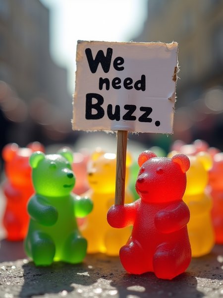 A group of colorful cute gummy bears protested on the street,Holding Up a sign with the words " We need Buzz", Cute masterpiece, wallpaper art, delicate,lovable, tiny, best, dynamic composition, magnificent, intense, perfect background,war,fighting,
