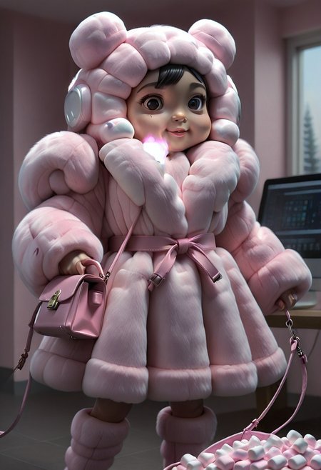 CivChan in a pink fur coat, hitting CivBot with a bag of marshmallows.