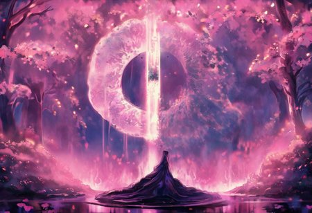 A breathtaking fantasy scene of a cloaked figure standing before a glowing circular portal framed by blooming cherry blossoms. The portal emits a radiant pink and white glow, illuminating the surrounding environment with an ethereal light. The figure, clad in a long, flowing black cloak, appears small yet significant against the grand, mystical backdrop. The scene is set in an overgrown garden filled with vibrant red and green foliage, with dew-covered flowers glistening in the ambient light. The trees around the portal have twisted, ancient trunks, and their branches are adorned with dense clusters of pink blossoms. Magical particles and soft light beams dance in the air, enhancing the dreamlike quality of the environment. In the background, a massive full moon shines brightly through a misty forest, its pale blue glow blending seamlessly with the portal's pink hues. The ground reflects the vibrant colors of the scene, as if it were wet from recent rain, adding depth and a sense of tranquility. The painting style is a mix of hyper-realism and fantasy, with intricate details in the blossoms and foliage combined with soft, glowing lighting effects. The color palette is dominated by pink, blue, and green, contrasted by the dark silhouette of the figure. The overall tone is mystical, serene, and otherworldly, evoking a sense of wonder and discovery. <lora:Blue_Future:0.9> <lora:Ethereal_Brush_Anime_v1.0:0.6> <lora:It's a LoRA for portraits, BUT! actually specialized in