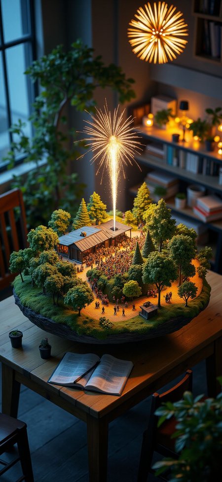 (indoor,very wide isometric view,tilt-shift lens:1.6), (windowless,fna_style,miniature,miniature,diorama,miniature,diorama,PVC,plastic:2),starry night grass,forest,fireworks,concert with crowded  at (floating island,levitating  island:1.5) on (table:2) at (attic:2.5)   <lora:Diorama_Flux:1>
<lora:Fantasy_Novel_Art_Style:1>