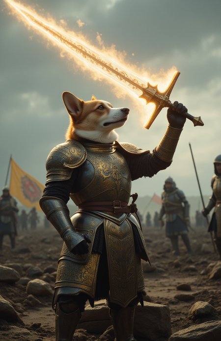 A photorealistic shot of a valiant humanoid corgi, clad in ornate, heavy-plated armor, stands resolute at the front lines of a war-torn battlefield. His fluffy fur peeks through the polished gaps in his armor, a stark contrast to the hardened steel that encases his small but mighty frame. His armor, intricately crafted with golden engravings and divine sigils, resembles the regalia worn by legendary paladins in ancient fantasy tales. The weight of the metal does little to hinder his unwavering determination as he stands firm, his ears perked, his glistening eyes filled with courage.
With a majestic flourish, he raises his radiant sword, its blade pulsing with an aura of holy light, casting an ethereal glow upon the battered earth below. The runes etched into the steel shimmer like the embers of dawn, a beacon of hope and righteousness amidst the gloom of war.
Behind him, his loyal warriors stand ready, their armor dulled by battle but their spirits alight with the fire of their leaderâs unyielding bravery. The battlefield stretches far into the horizon, shrouded in mist and the lingering scent of war, with broken weapons and tattered banners littering the ground. The sky is a dull gray, heavy with ominous clouds, yet the corgi's divine radiance pierces through the darkness, a shining symbol of defiance against the forces of despair.