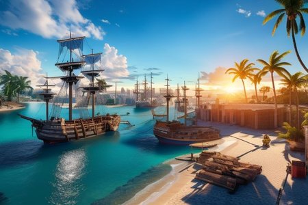 (masterpiece:1.2), (best quality,:1.2), 8k, HDR, ultra detailed, ((photorealistic)), A landscape view of a a city by the sea in the afternoon. Pirate ships docked unloading cargo, waving palm trees. afternoon sun, blue sky, calm sea, no people, professional light, cinematic lighting, ambient lighting, sunset,