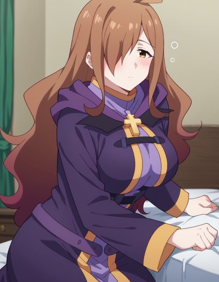 score_9, score_8_up, score_7_up, source_anime,
konosubawiz, <lora:konosuba-wiz-s1s2-ponyxl-lora-nochekaiser:1>,
wiz, ahoge, brown eyes, light brown hair, hair over one eye, long hair, mature female,
cross, dress, hood, hood down, jewelry, latin cross, long dress, long sleeves, purple dress, robe, purple robe,
indoors, bed, bed room, on side, blush, drunk,
looking at viewer, dutch angle, cowboy shot,