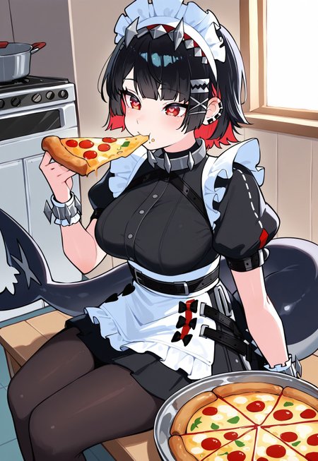 (masterpiece, best quality:1.3),1girl,

ellen joe, black hair, colored inner hair, multicolored hair, red eyes, red hair, short hair, two-tone hair, apron, black pantyhose, black shirt, black skirt, ear piercing, fins, fish tail, maid, maid apron, maid headdress, pantyhose, piercing, puffy short sleeves, puffy sleeves, shark girl, shark tail, shirt, short sleeves, skirt, tail, two-tone hair, wrist cuffs,

sitting,happy,eating,pizza,heart-shaped pupils,close-up

indoors,restaraunt kitchen, pans,fridge,oven,(rim lighting,soft shadows:1.1)