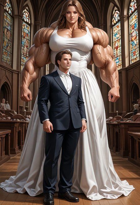 score_9,score_8_up,score_7_up,score_6_up, (TWSM), (height difference, size difference:1.3), (tall female), (short male), bride and groom, holding hands facing each other, (hetero couple, 2 people only), in a church, standing at the altar exchanging vows, stained glass, beautiful woman with medium length brown hair, short and handsome blonde man, (man with baggy and loose tuxedo), (massive muscle woman:1.1), (fbb:1.2), (extreme muscular woman), (muscle woman:1.1), female with muscular abs, woman wearing skin tight fitting wedding dress wih a tight bodice and high slit,  visible muscle definition on clothes, detailed and expressive eyes, Full body, dynamic lighting, high details, high quality