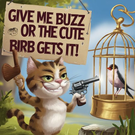 A short cute cat holding a handgun pointing it to a cute innocently looking trapped bird in a golden cage and in it's other hand holding a hand-made sign that reads ‘Give Me Buzz Or The cute Birb Gets It!’ in bold, rough letters. His expression is a mix of  dastardly and wicked smile as he clutches the sign with one hands. The scene is set on a lovely sunny day blue sky, with the sign prominently displayed as he tries to get attention. The background hints at a life of whimsical adventures,