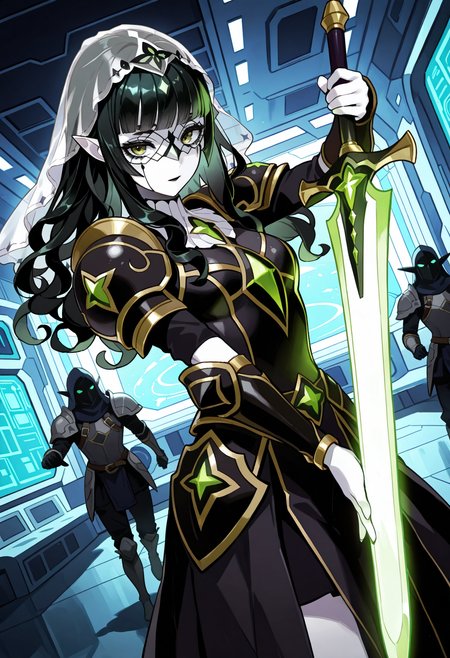 1girl, white pale skin, green eyes, pointed ears, pitch black hair, curly hair, long hair, blunt_bangs, (mime makeup), black lips, mascara, black eyeshadow,
armor,shoulder armor,pauldrons, vambraces,dress,skirt,jewerly,(veil), transparent mask, action pose, dutch angle,
standing, spacecraft interior, low light, holding glowing sword, 
<lora:furofuroppiIL-style:1>,furofuroppi,
masterpiece,best quality,amazing quality,