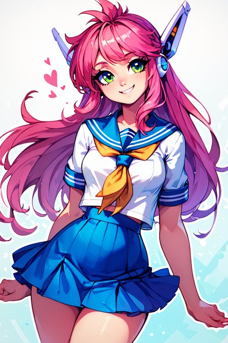 score_9, score_8_up, score_8, medium breasts, (curvy), cute, eyelashes,       BREAK, , zzNukuNuku, green eyes, pink hair, long hair, robot ears, school uniform, serafuku, blue skirt, white shirt, <lora:NukuNuku_PDXL:0.8>, , BREAK, smile, looking at viewer,  abstract background, white outline, cowboy shot, embedding:zPDXL, Expressiveh, <lora:CatalystStylePDXL:0.6>,  <lora:SDXLFaeTastic2400:0.5>,  <lora:Expressive_H-000001:0.4>,