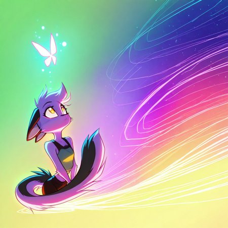 1girl,solo,furry,pink fur,tail,ears,source_furry,
,<lora:Viriathus_Vayu_illustrious:0.8>,
masterpiece, child, kid, 
stylized, in soft warm hues, ethereal neon glow,, looking up at a floating  butterfly, dreamy and surreal masterpiece, best quality, amazing quality, very aesthetic, absurdres, detailed eyes, newest,