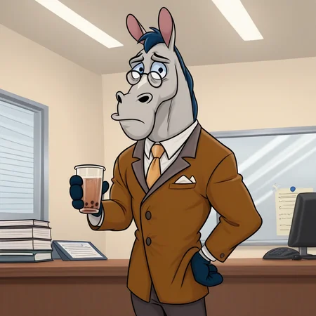 <lora:Mr._Horse_-_Ren__Stimpy:1> MrHorseIL, 1boy, standing,  HDA_MasterpieceXLclassic, drinking a cup of cofee, indoors, office, wearing necktie and formal wear, glasses