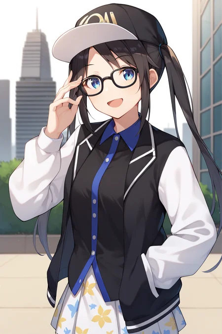 score_9, score_8_up, score_7_up, source_anime,  <lora:mitsumine_yuika_XL:0.8>, yuikamitsumine, 1girl, solo, black hair, long hair, baseball cap, black headwear, twintails, blue eyes, glasses, black-framed eyewear, black jacket, open jacket, two-tone jacket, white sleeves, long sleeves, black shirt, collared shirt, blue collar, two-tone shirt, white skirt, miniskirt, pleated skirt, print skirt, looking at viewer, smile, open mouth, adjusting eyewear, outdoors, city, cowboy shot