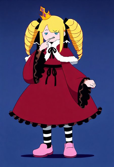 adventure time, perfect quality,high quality,masterpiece,best quality,amazing quality,very aesthetic,absurdres,Cinematic Lighting,newest,Tactical use of shadow,
front view,full_shot,Sneer,
BeatriceCYQL,1girl,solo,blonde hair,drill hair,long hair,twintails,twin drills,sidelocks,ribbon,hair ribbon,blue eyes,symbol-shaped pupils,crown,mini crown,dress,capelet,red capelet,fur-trimmed capelet,fur trim,pantyhose,striped pantyhose,striped,long sleeves,frills,frilled sleeves,red dress,frilled dress,shoes,pink footwear,bow,wide sleeves,
full body,standing,hand_to_mouth,,
darkblue  background,simple background,
usnr,748cmstyle,<lora:USNR STYLE_XL_loha:0.45>,<lora:DarkerThanBlackIllustrious:0.5>,<lora:spo_sdxl_10ep_4k-data_lora_webui:0.6>,<lora:illustrious_all_rated_v1:0.7>,<lora:748cmSDXL:0.8>,<lora:illustrious_quality_modifiers_masterpieces_v1:0.9>,,<lora:BeatriceCYQL:1>,